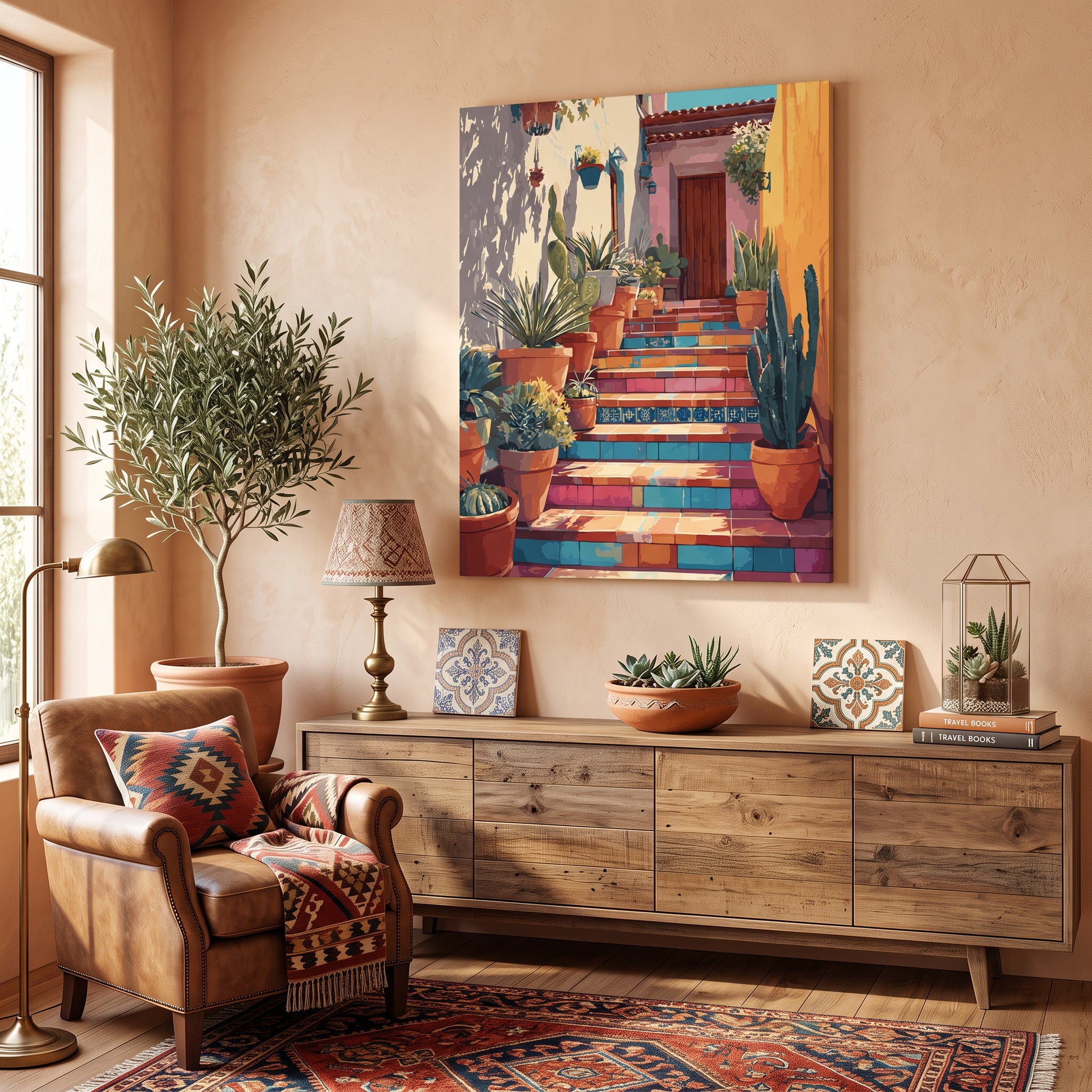 Tableau peinture par numéro Escaliers du Mexique accroché dans un intérieur décoré — Maison Artsen