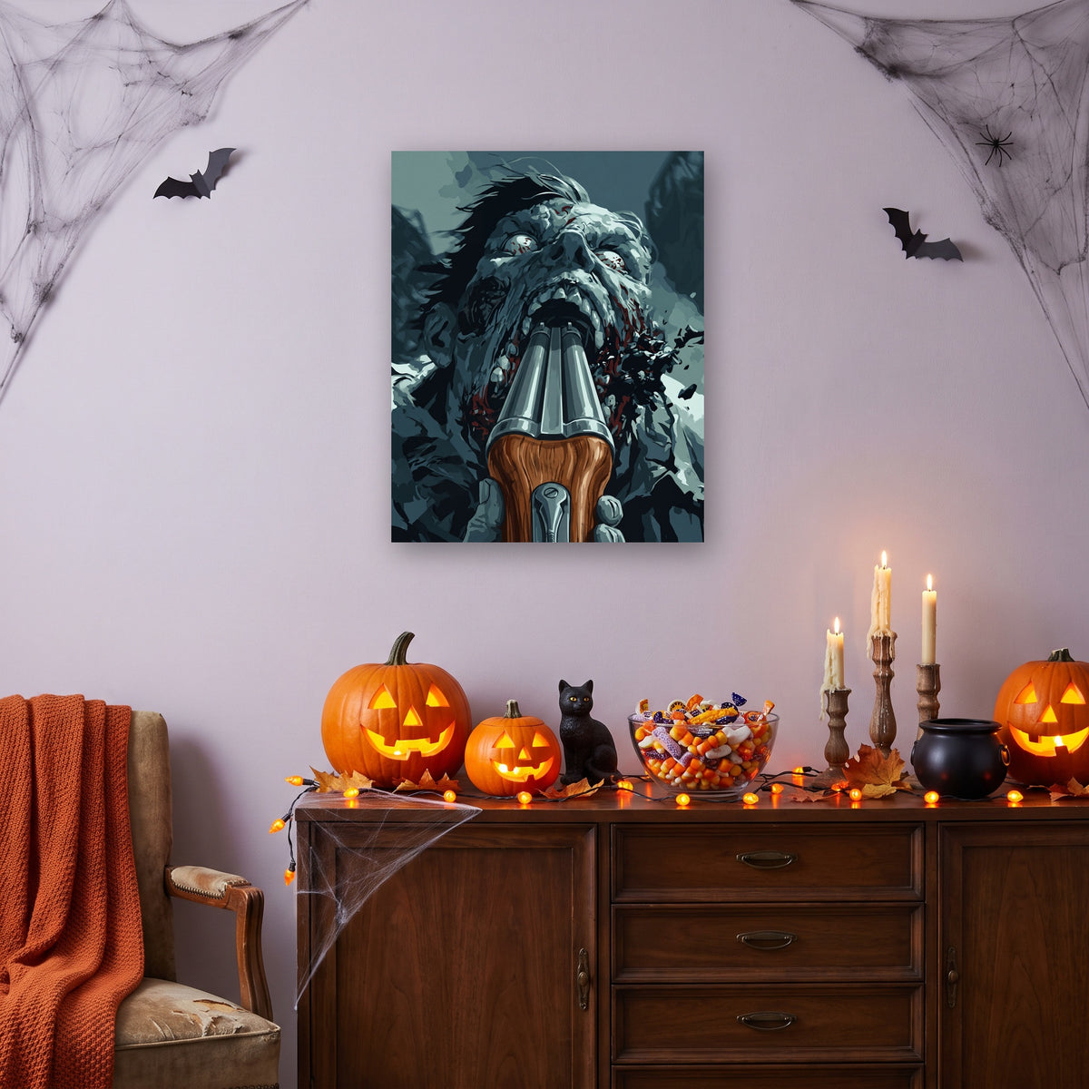 Tableau peinture par numéro Face au Zombie accroché dans un salon décoré pour Halloween — Maison Artsen