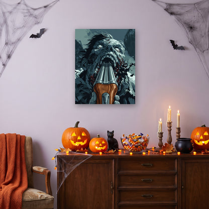 Tableau peinture par numéro Face au Zombie accroché dans un salon décoré pour Halloween — Maison Artsen