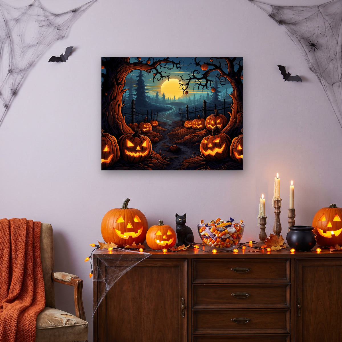 Tableau peinture par numéro Chemin des Citrouilles accroché dans un intérieur décoré, Maison Artsen