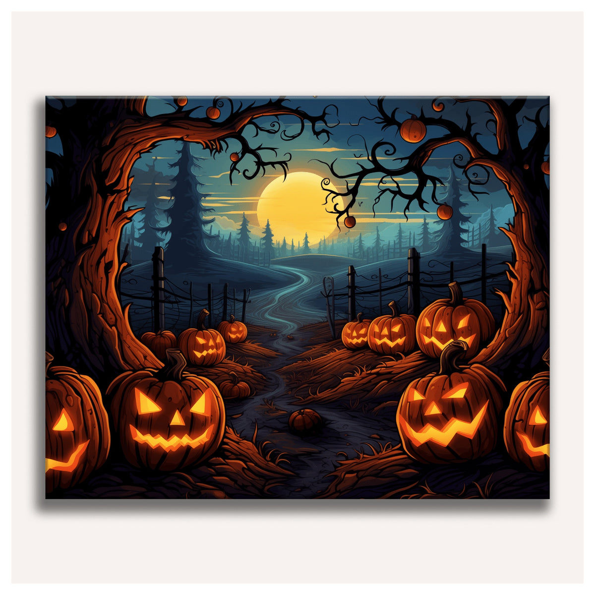 Peinture par numéro adulte Chemin des Citrouilles, visuel complet du design sur toile, Maison Artsen