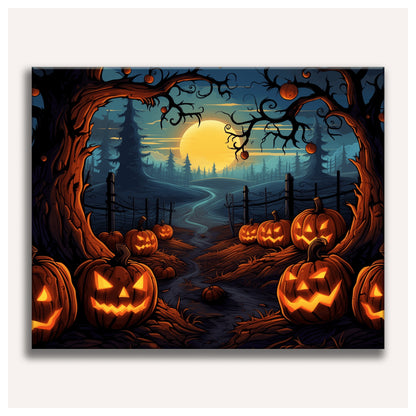 Peinture par numéro adulte Chemin des Citrouilles, visuel complet du design sur toile, Maison Artsen
