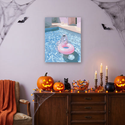 Tableau peinture par numéro Fantôme à la Bouée accroché dans un salon décoré pour Halloween — Maison Artsen