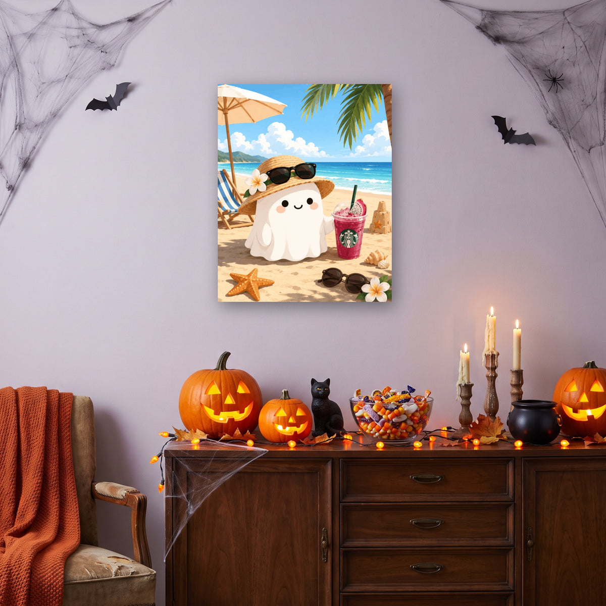 Tableau peinture par numéro Fantôme à la Plage accroché dans un salon décoré pour Halloween — Maison Artsen