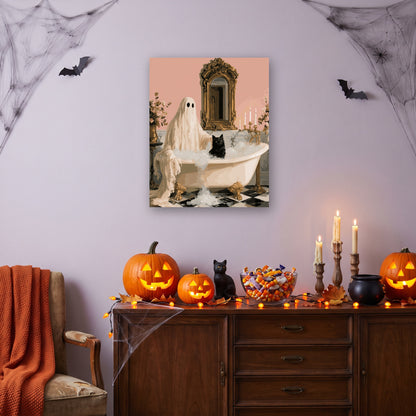 Tableau peinture par numéro Fantôme au Bain accroché dans un salon décoré pour Halloween — Maison Artsen