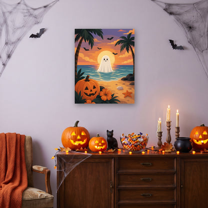 Tableau peinture par numéro Fantôme au Coucher de Soleil accroché dans un salon décoré pour Halloween — Maison Artsen