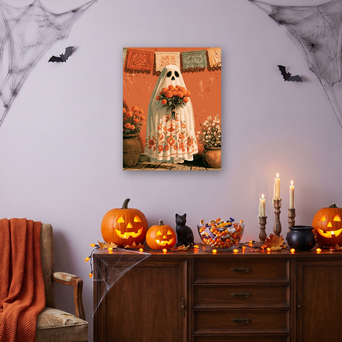 Tableau peinture par numéro Fantôme aux Œillets d'Inde accroché dans un salon décoré pour Halloween — Maison Artsen