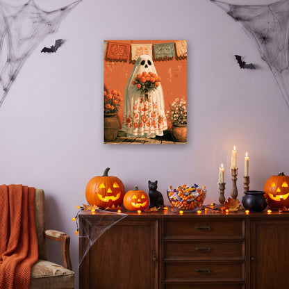 Tableau peinture par numéro Fantôme aux Œillets d'Inde accroché dans un salon décoré pour Halloween — Maison Artsen