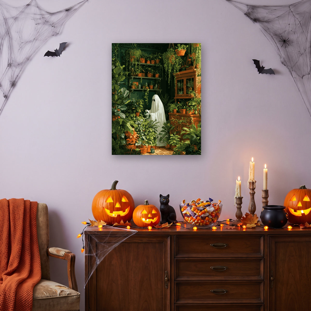 Tableau peinture par numéro Fantôme de la Serre accroché dans un salon décoré pour Halloween — Maison Artsen