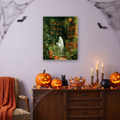 Tableau peinture par numéro Fantôme de la Serre accroché dans un salon décoré pour Halloween — Maison Artsen