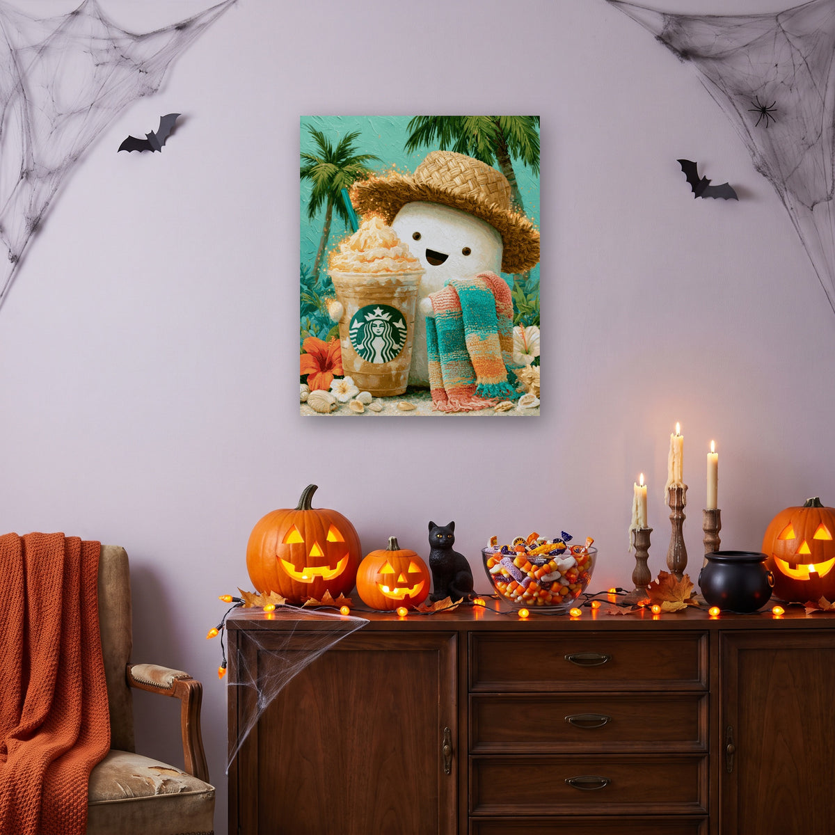 Tableau peinture par numéro Fantôme en Vacances accroché dans un salon décoré pour Halloween — Maison Artsen