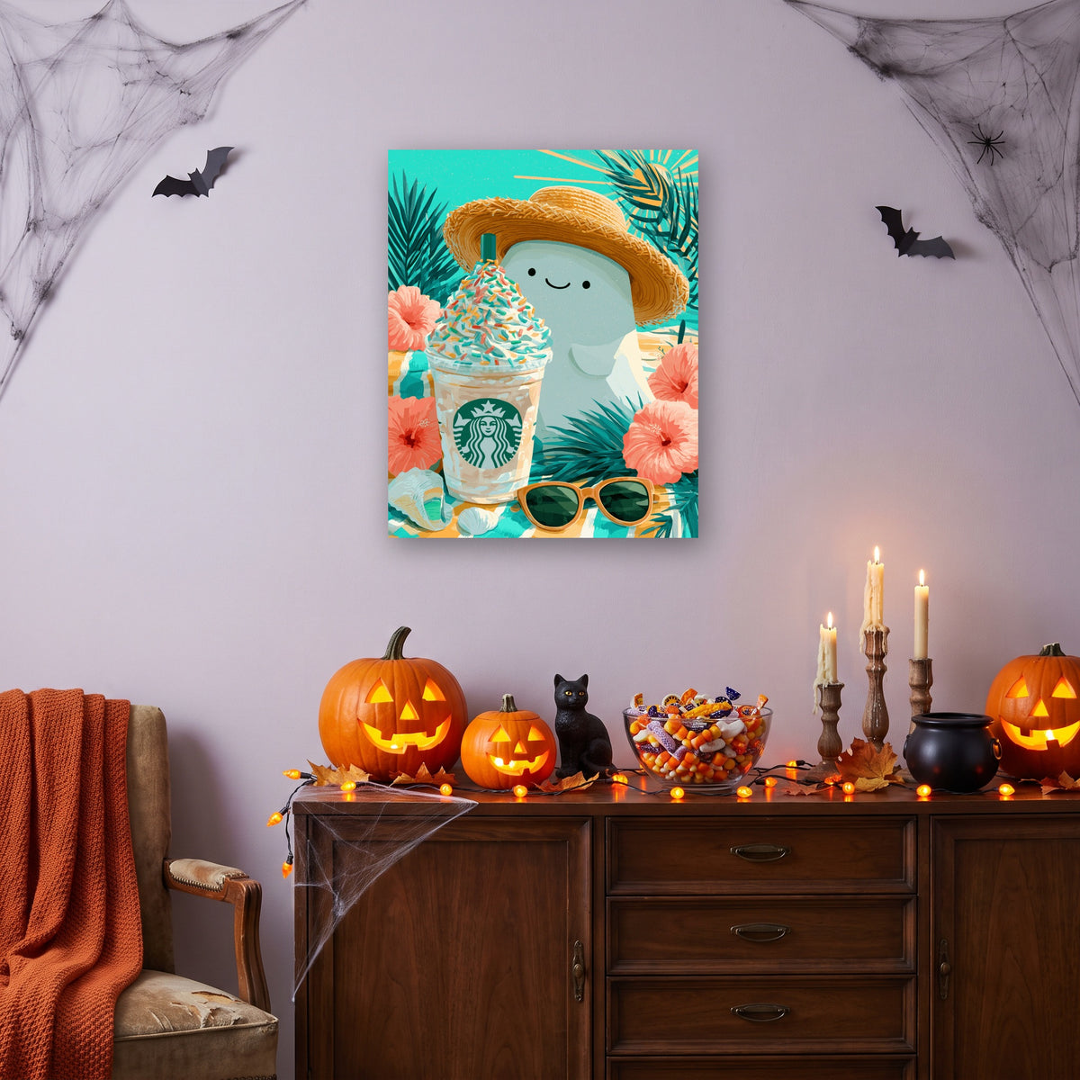 Tableau peinture par numéro Fantôme Frappé accroché dans un salon décoré pour Halloween — Maison Artsen