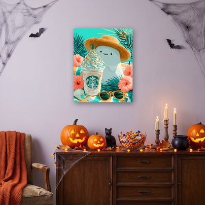 Tableau peinture par numéro Fantôme Frappé accroché dans un salon décoré pour Halloween — Maison Artsen