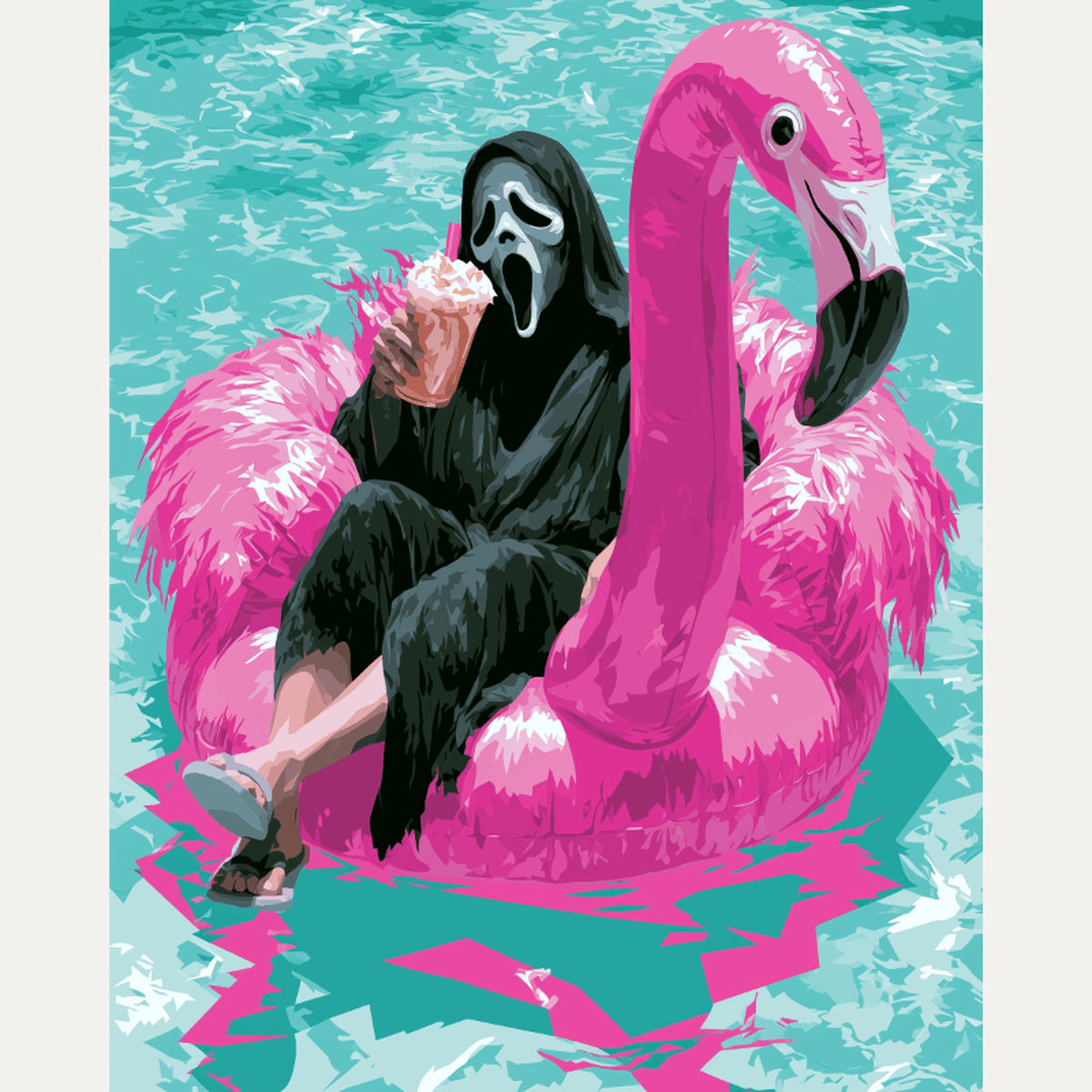 Peinture par numéro adulte Fantôme sur Flamant Rose, visuel complet du design — Maison Artsen