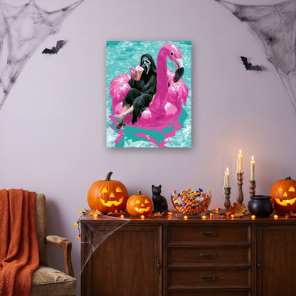 Tableau peinture par numéro Fantôme sur Flamant Rose accroché dans un salon décoré pour Halloween — Maison Artsen
