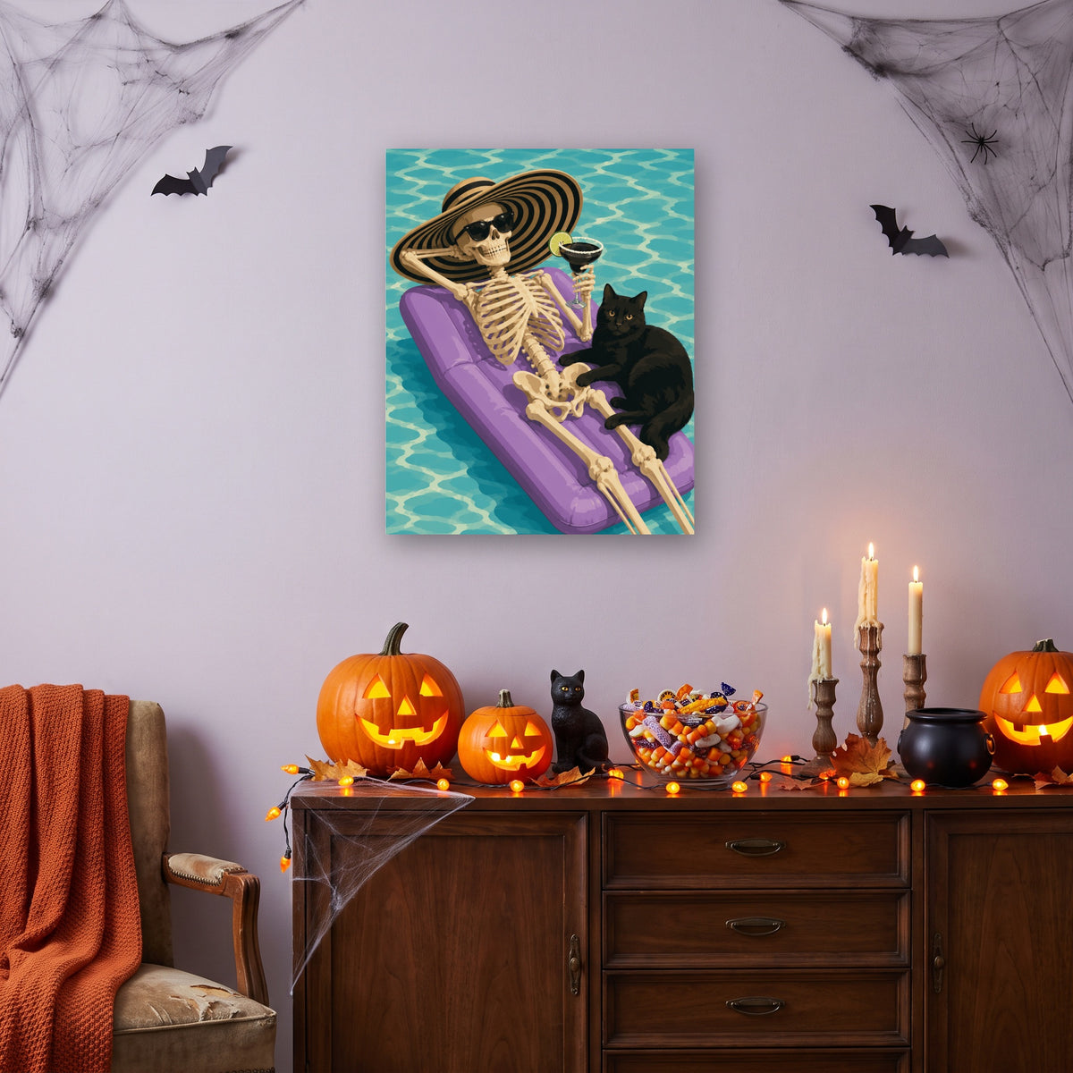 Tableau peinture par numéro Farniente du Squelette accroché dans un salon décoré pour Halloween — Maison Artsen