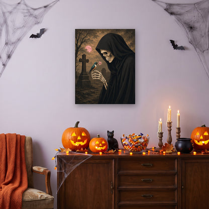 Tableau peinture par numéro Faucheuse et Colibri accroché dans un salon décoré pour Halloween — Maison Artsen