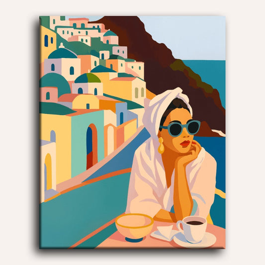 Peinture par numéro adulte Femme à Santorin, toile tendue 30×40 cm — Maison Artsen