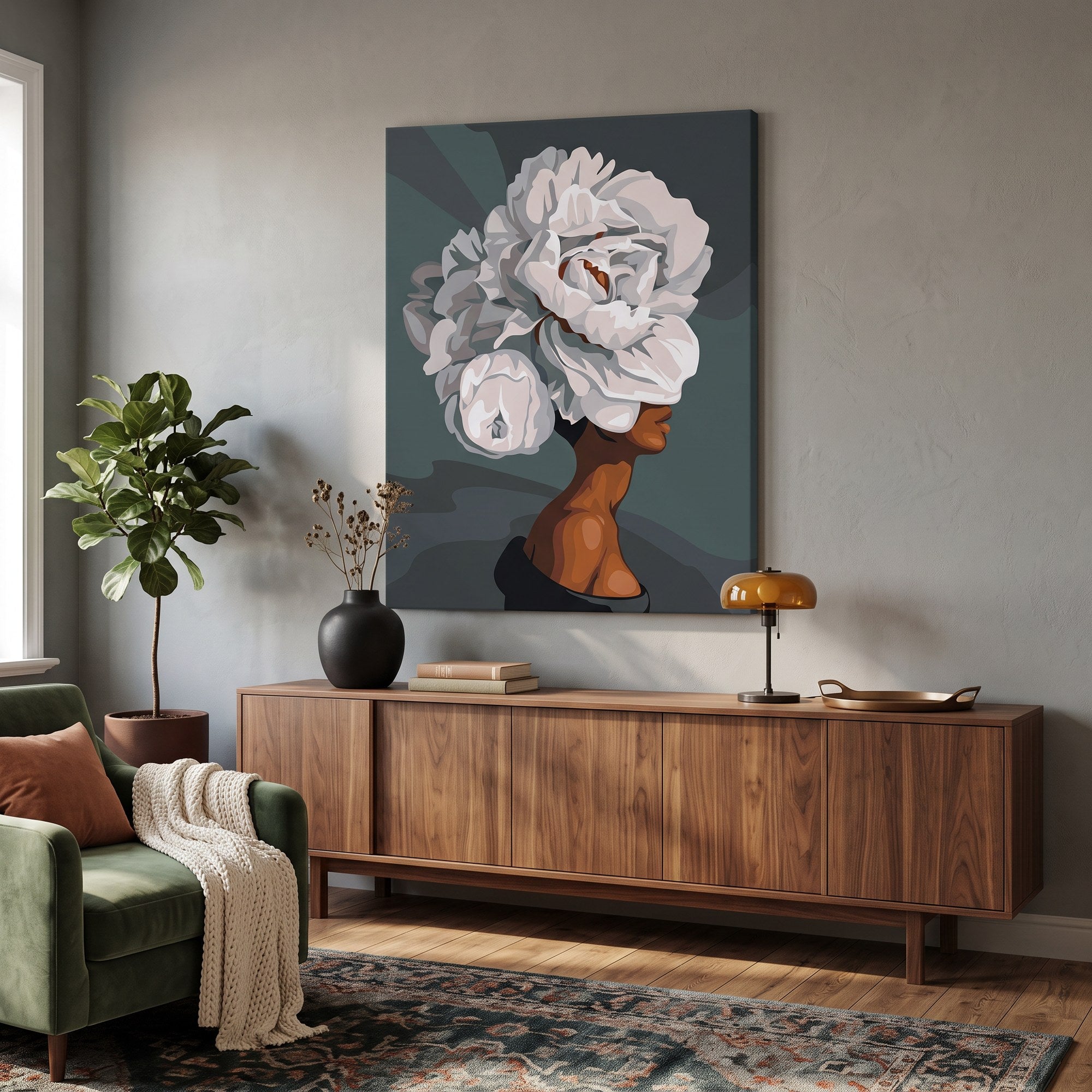 Tableau peinture par numéro Femme aux Fleurs Blanches accroché dans un intérieur décoré — Maison Artsen