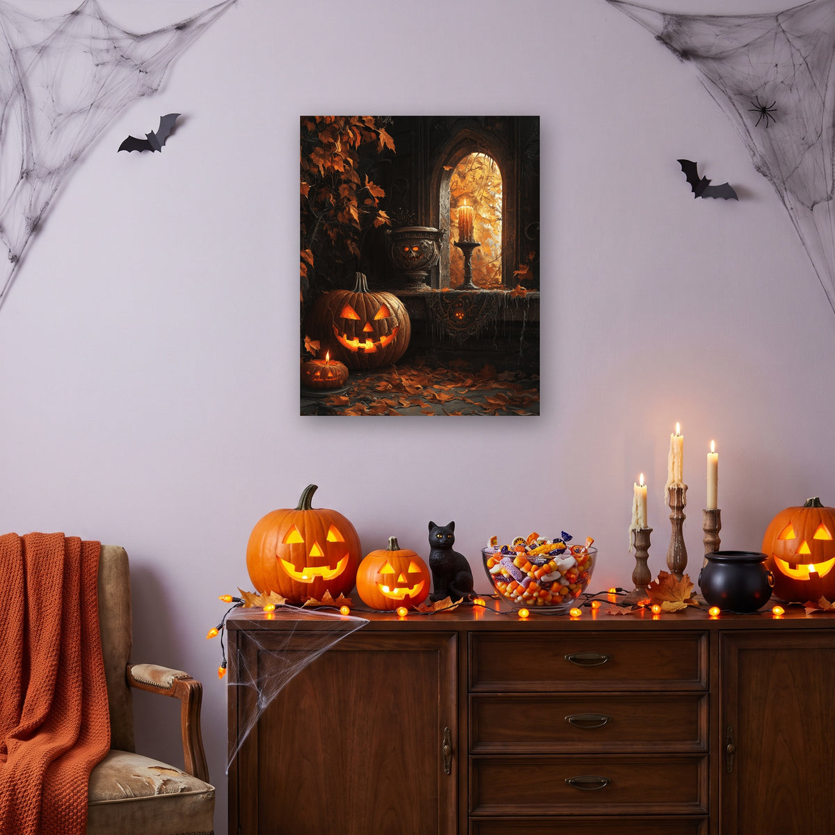 Tableau peinture par numéro Fenêtre d'Octobre accroché dans un salon décoré pour Halloween — Maison Artsen