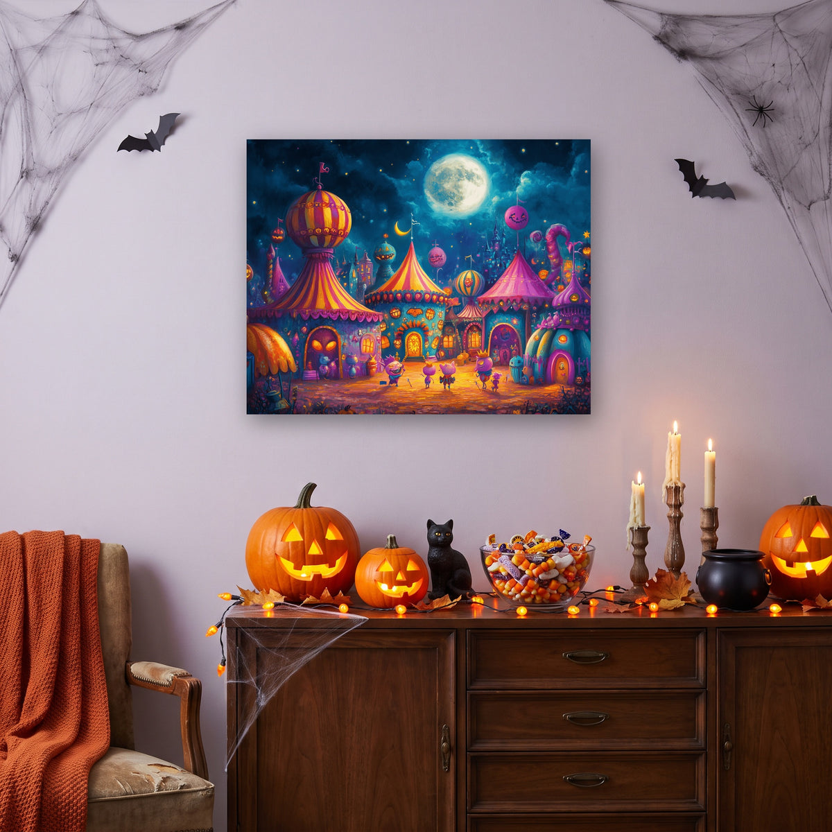Tableau peinture par numéro Fête Foraine des Monstres accroché dans un salon décoré pour Halloween — Maison Artsen