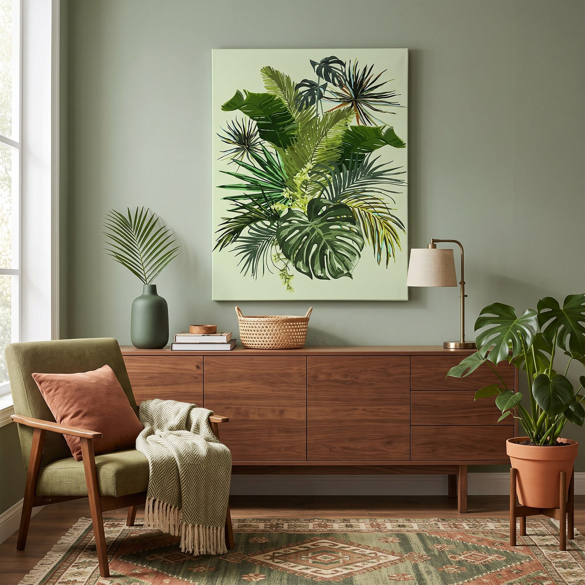 Tableau peinture par numéro Feuillages Tropicaux accroché dans un intérieur décoré — Maison Artsen