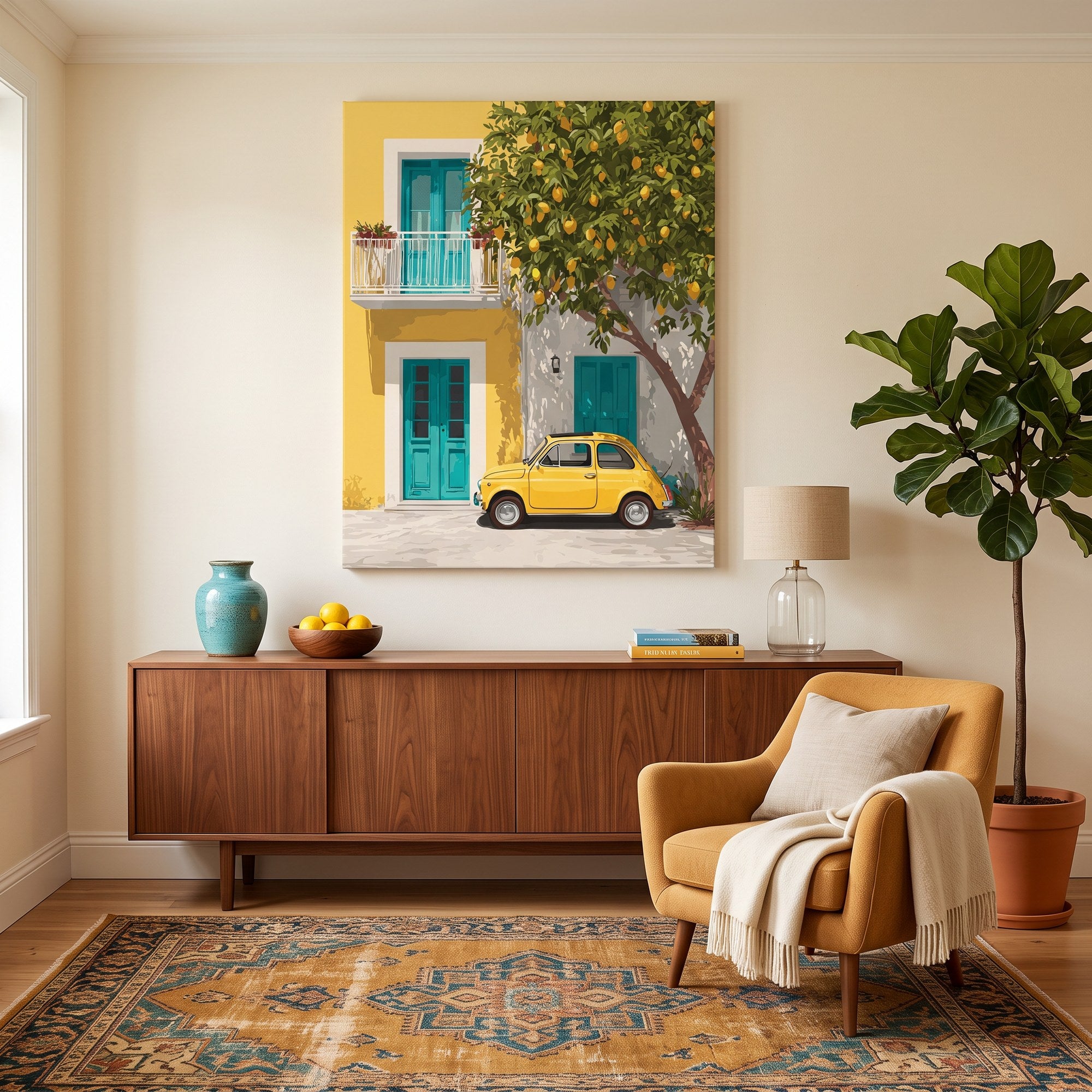 Tableau peinture par numéro Fiat Jaune sous le Citronnier accroché dans un intérieur décoré — Maison Artsen