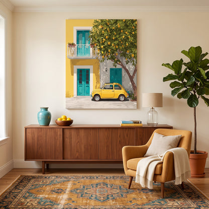 Tableau peinture par numéro Fiat Jaune sous le Citronnier accroché dans un intérieur décoré — Maison Artsen