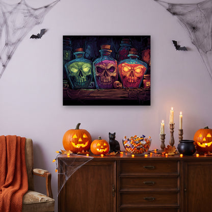 Tableau peinture par numéro Fioles aux Crânes accroché dans un salon décoré pour Halloween — Maison Artsen