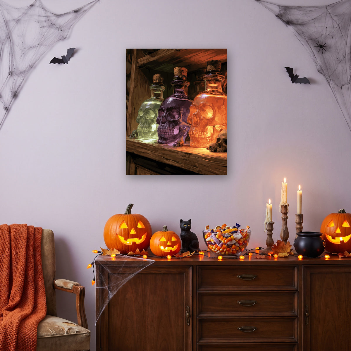 Tableau peinture par numéro Fioles de l'Apothicaire accroché dans un salon décoré pour Halloween — Maison Artsen