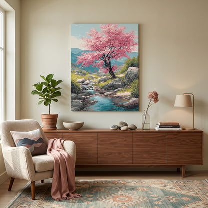 Tableau peinture par numéro Fleur de Cerisier accroché dans un intérieur décoré — Maison Artsen