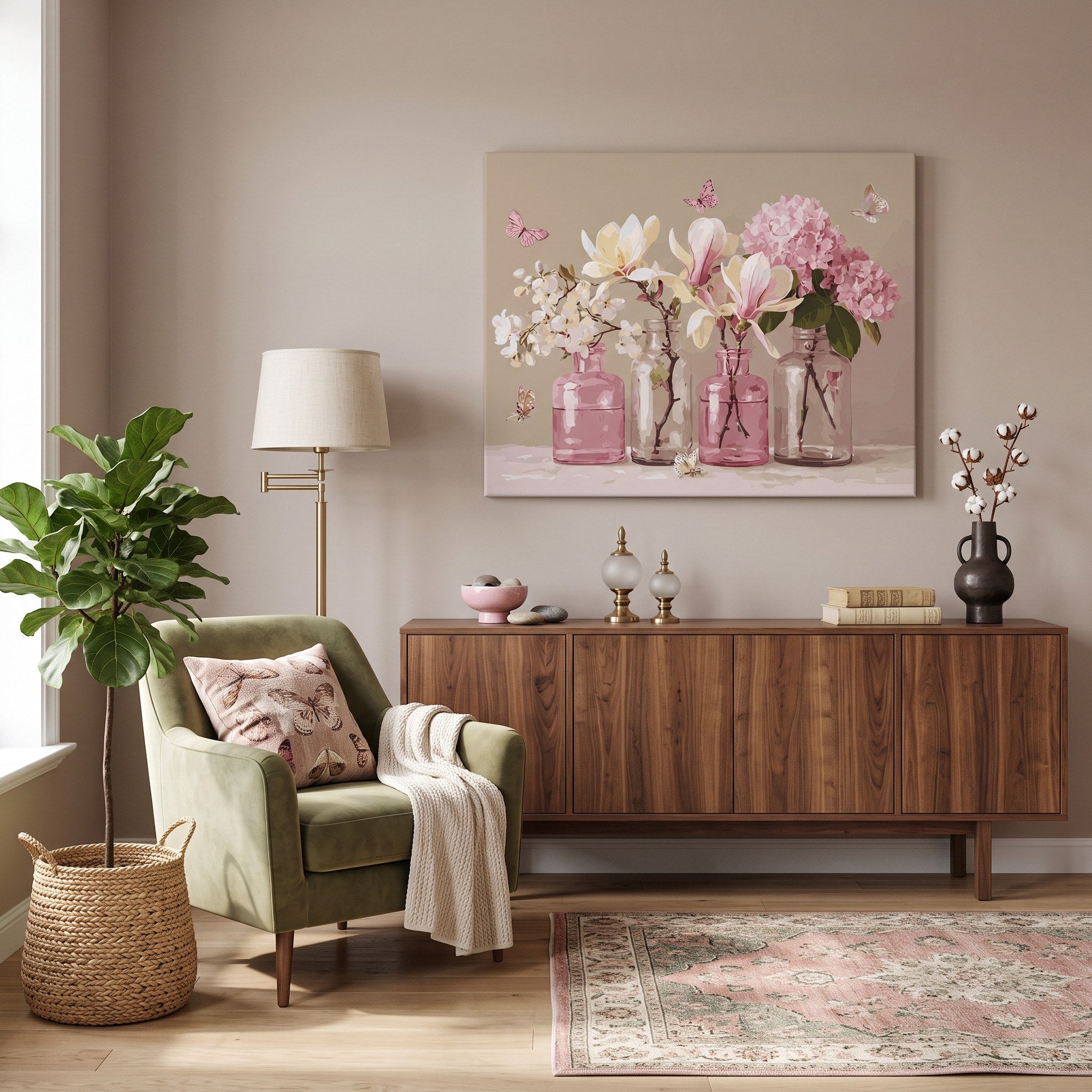 Tableau peinture par numéro Fleurs en Bocaux Roses accroché dans un intérieur décoré — Maison Artsen