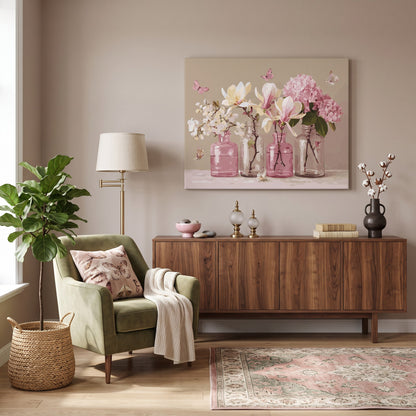 Tableau peinture par numéro Fleurs en Bocaux Roses accroché dans un intérieur décoré — Maison Artsen