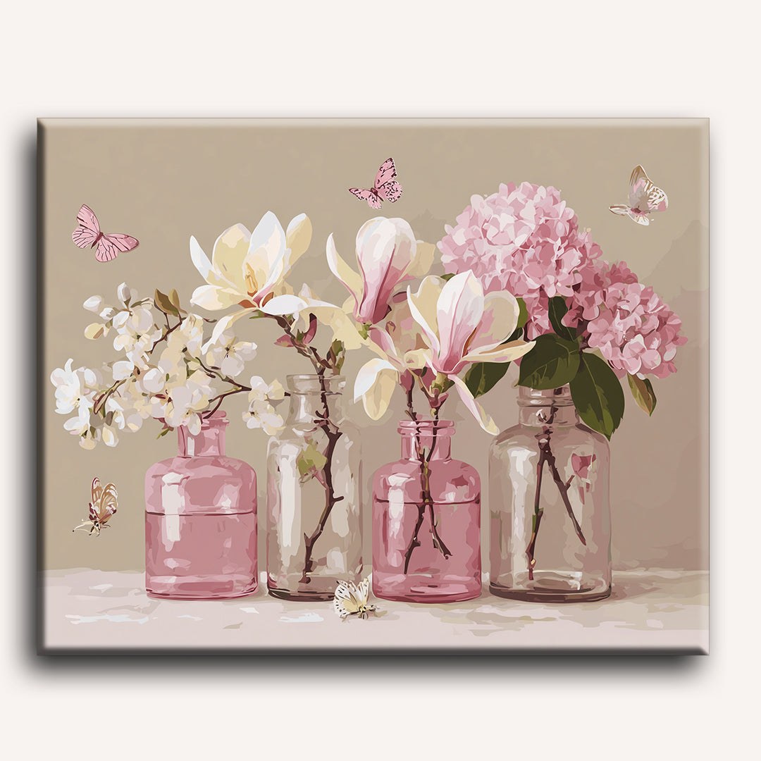 Modèle à peindre Fleurs en Bocaux Roses, peinture par numéro 30×40 cm — Maison Artsen