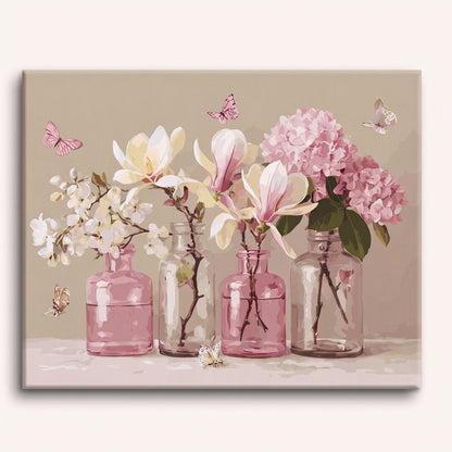 Peinture par numéro adulte Fleurs en Bocaux Roses, toile tendue 30×40 cm — Maison Artsen