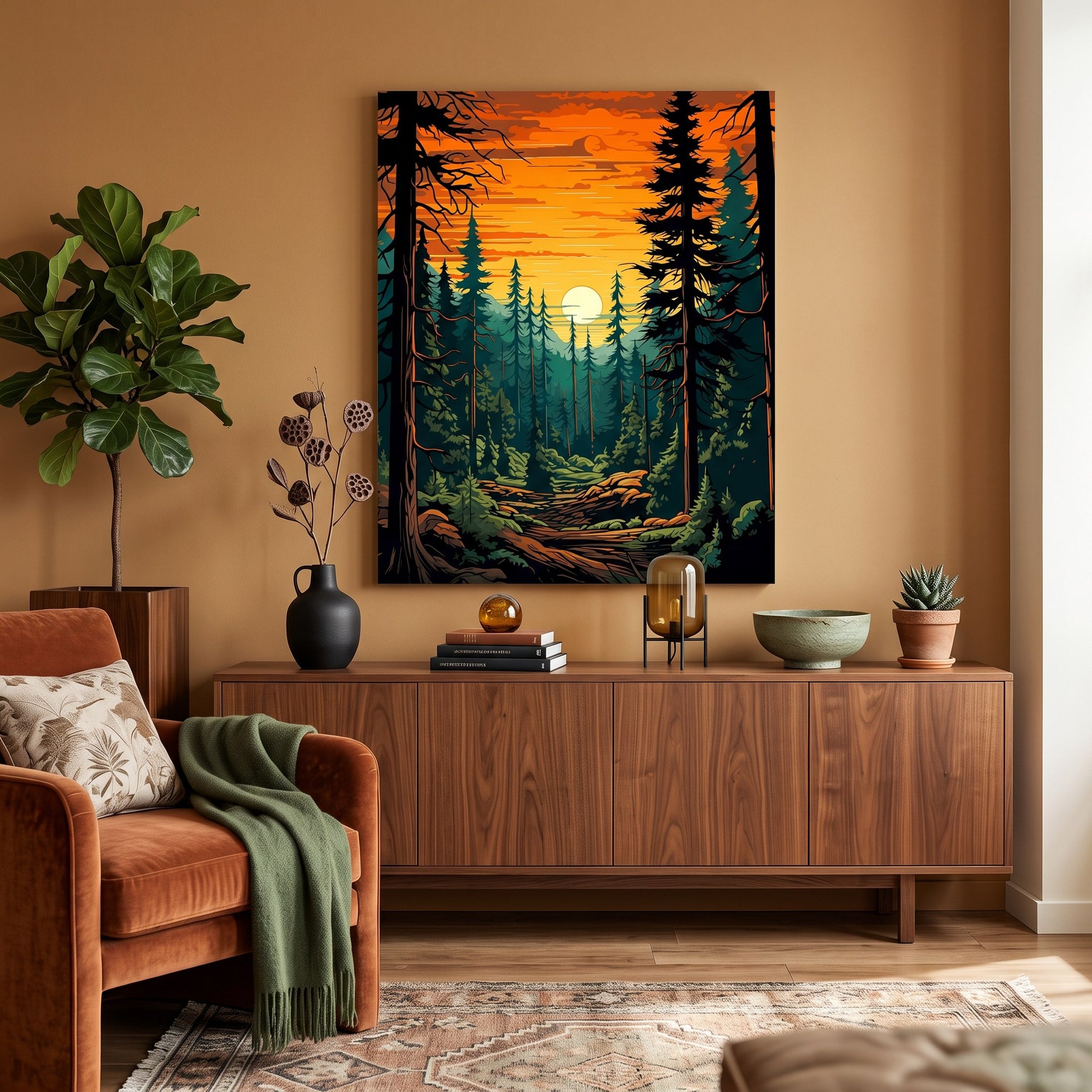Tableau peinture par numéro Forêt au Crépuscule accroché dans un intérieur décoré — Maison Artsen