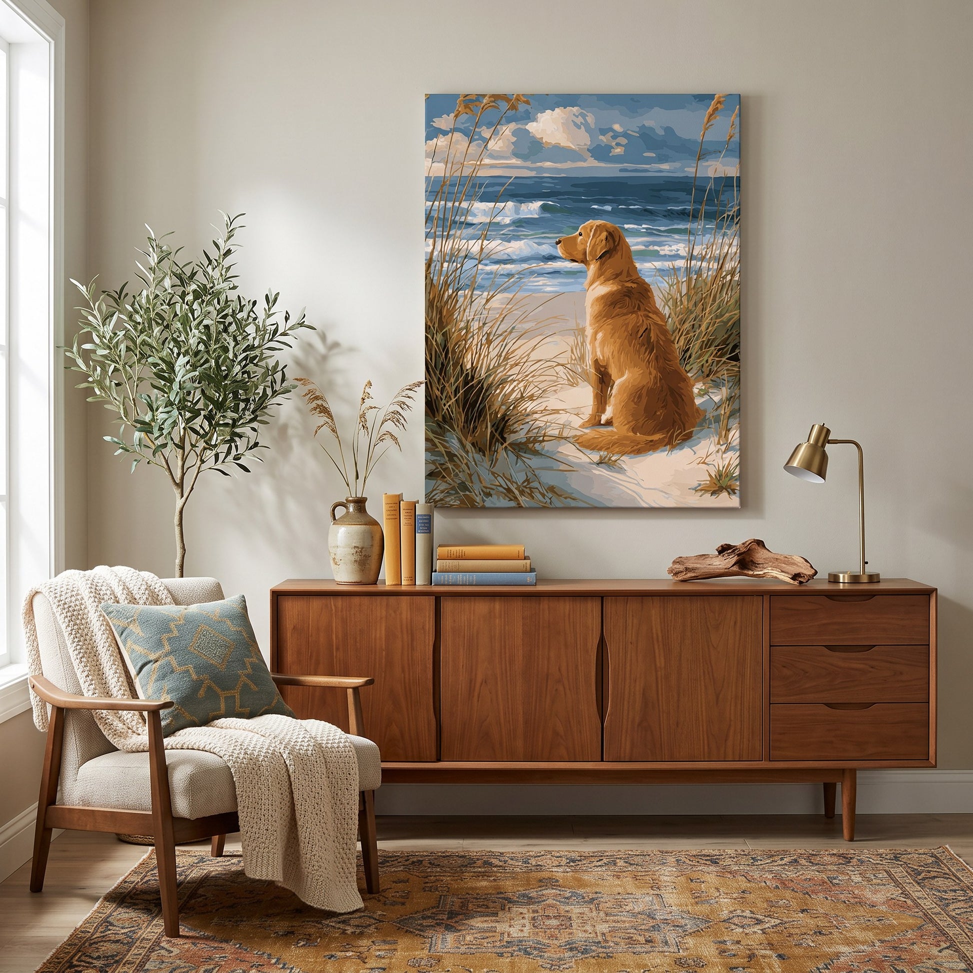 Tableau peinture par numéro Golden Retriever à la Plage accroché dans un intérieur décoré — Maison Artsen