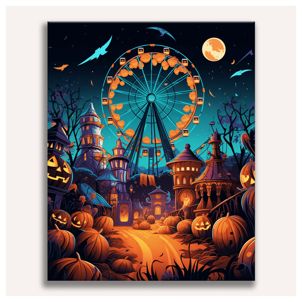 Peinture par numéro adulte Grande Roue des Citrouilles, visuel complet du design sur toile, Maison Artsen