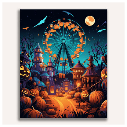 Peinture par numéro adulte Grande Roue des Citrouilles, visuel complet du design sur toile, Maison Artsen