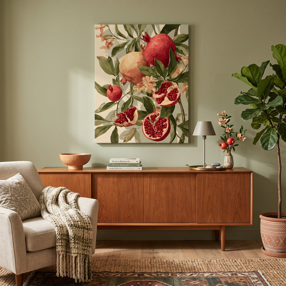 Tableau peinture par numéro Grenades en fleurs accroché dans un intérieur décoré — Maison Artsen