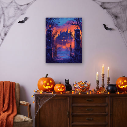 Tableau peinture par numéro Grilles du Manoir accroché dans un salon décoré pour Halloween — Maison Artsen