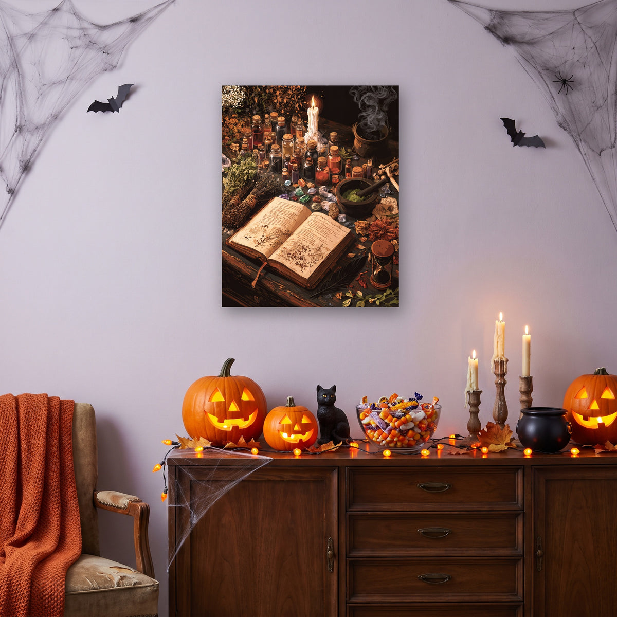 Tableau peinture par numéro Grimoire de l'Apothicaire accroché dans un salon décoré pour Halloween — Maison Artsen