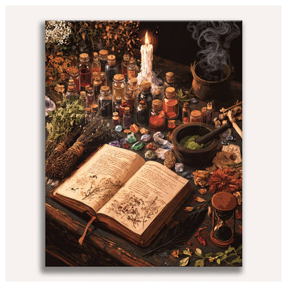 Peinture par numéro adulte Grimoire de l'Apothicaire, toile tendue vue de face — Maison Artsen