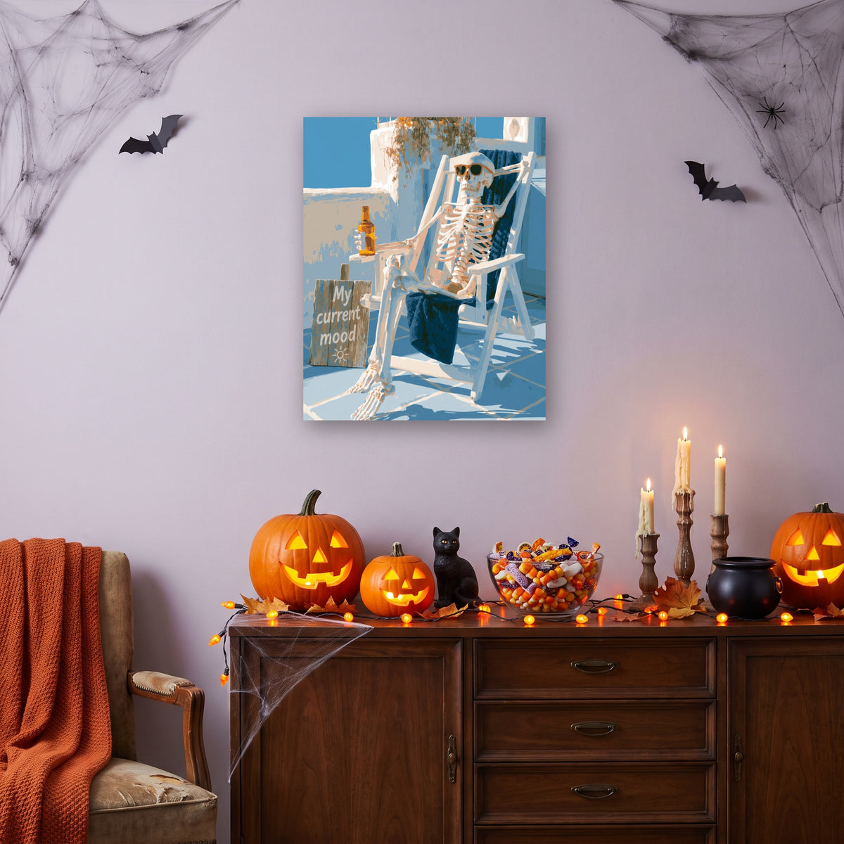 Tableau peinture par numéro Humeur du Moment accroché dans un salon décoré pour Halloween — Maison Artsen