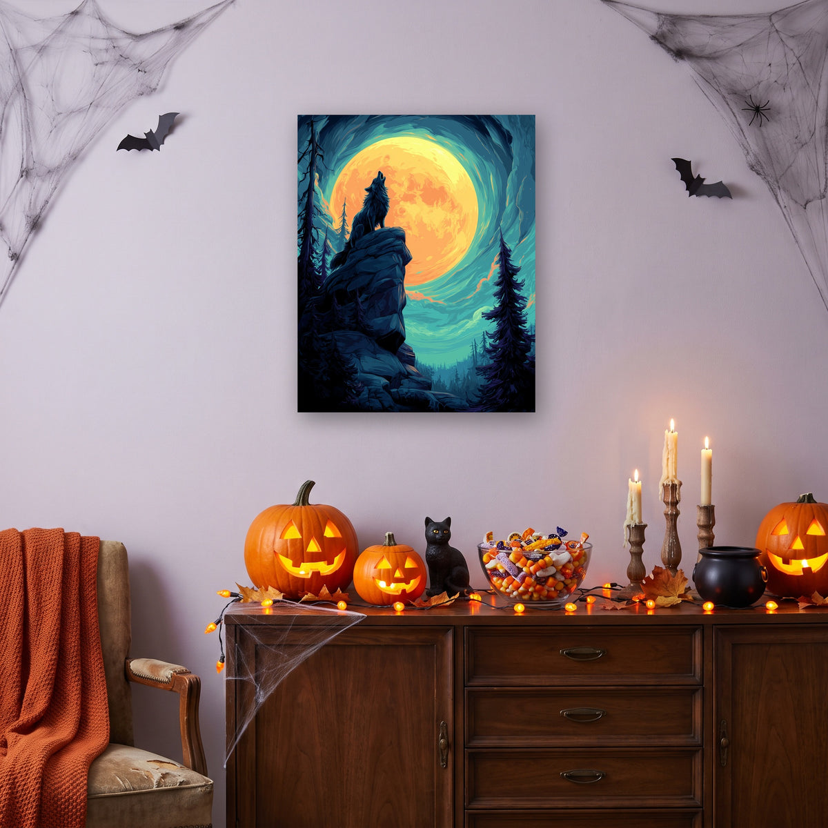 Tableau peinture par numéro Hurlement à la Lune accroché dans un salon décoré pour Halloween — Maison Artsen
