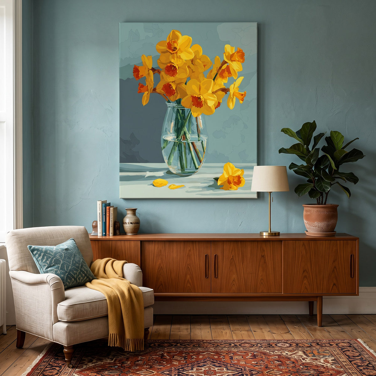 Tableau peinture par numéro Jonquilles en Lumière accroché dans un intérieur décoré — Maison Artsen