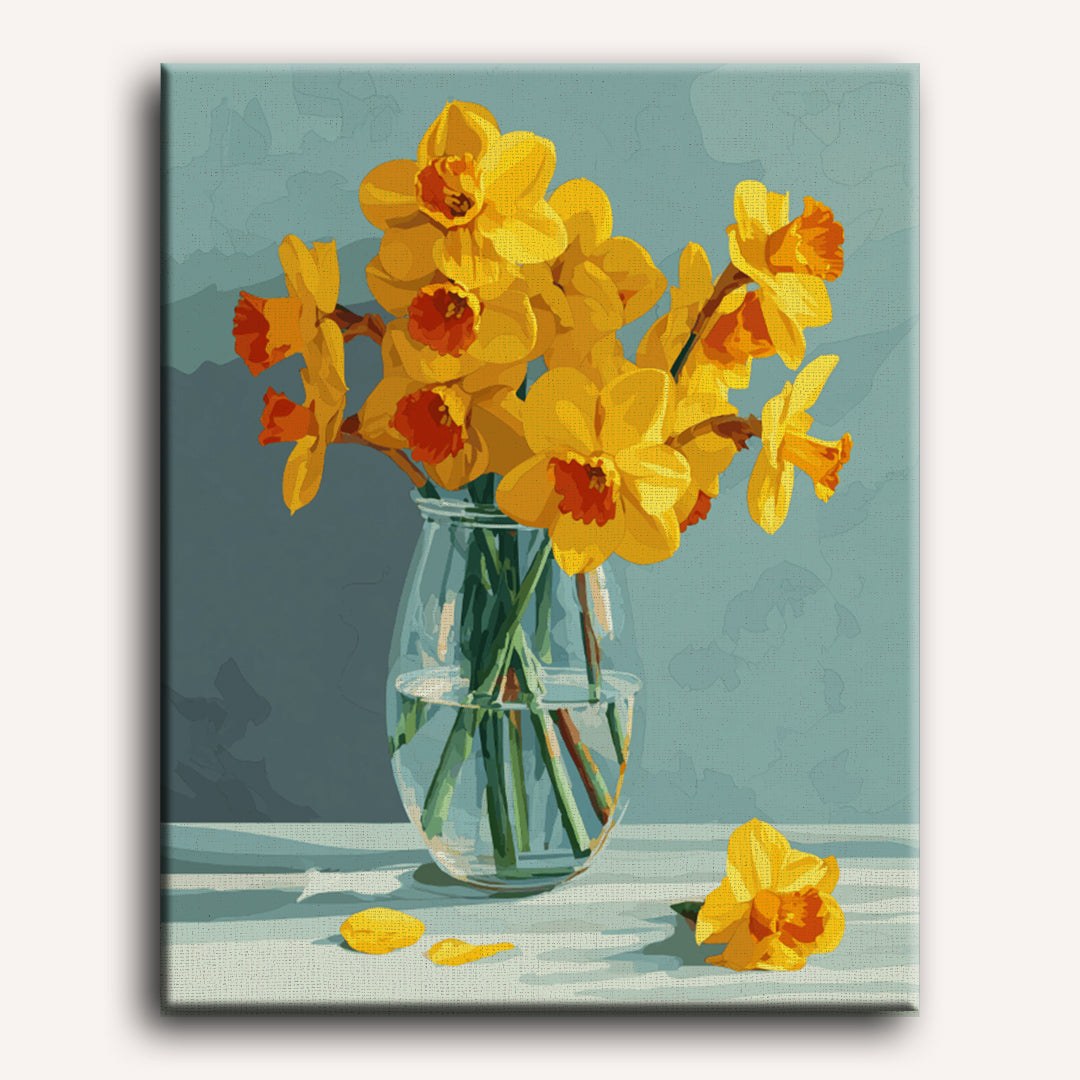 Peinture par numéro adulte Jonquilles en Lumière, visuel complet du design sur toile — Maison Artsen