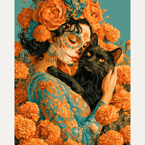 Peinture par numéro adulte La Dame et le Chat, visuel complet du design — Maison Artsen