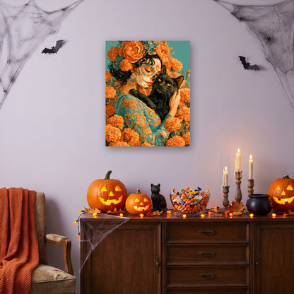 Tableau peinture par numéro La Dame et le Chat accroché dans un salon décoré pour Halloween — Maison Artsen