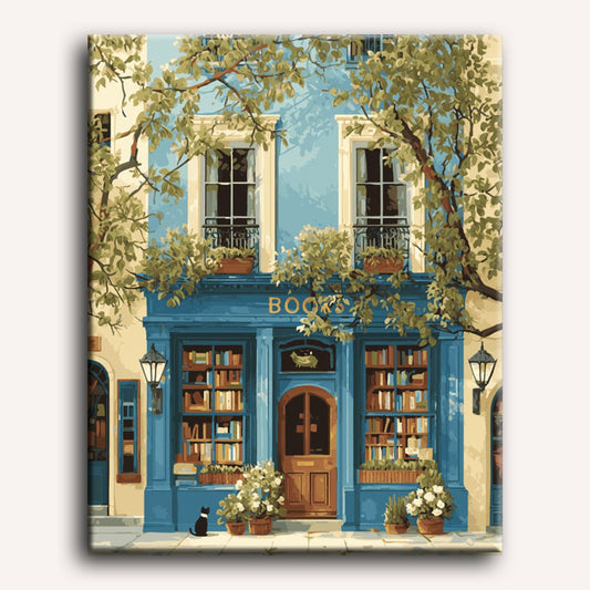 Peinture par numéro adulte La librairie bleue, toile tendue 30×40 cm — Maison Artsen